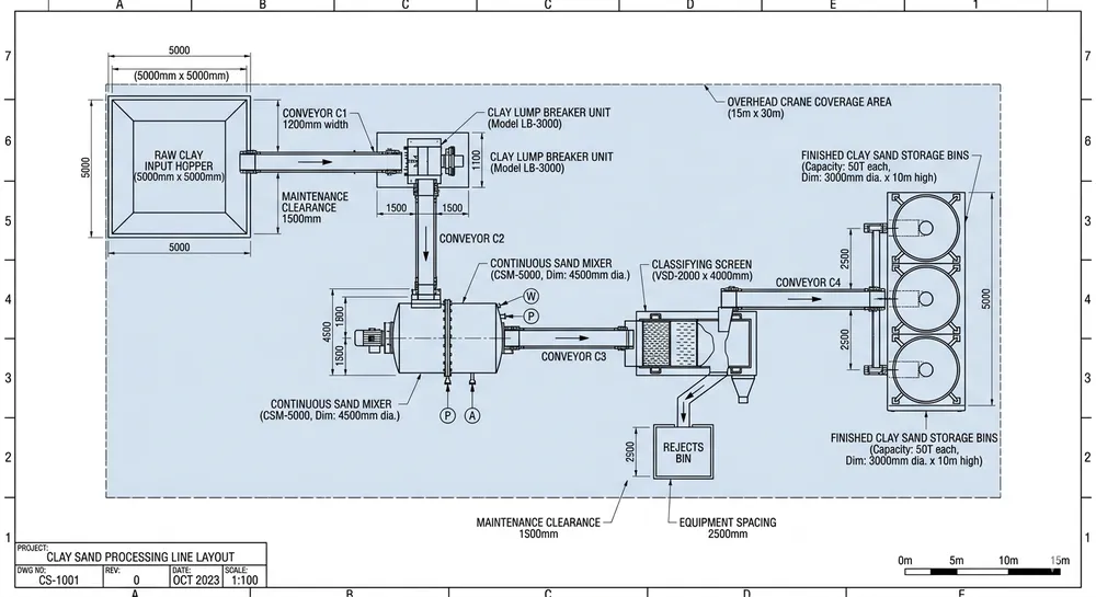 Example engineering layout proposal drawing for clay sand processing line showing equipment placement, dimensions, and material flow