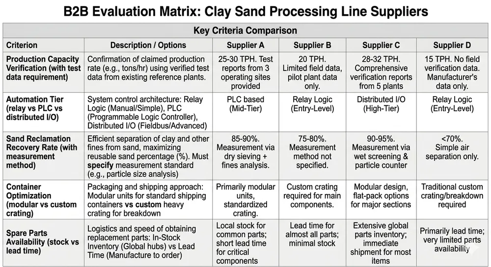 Clay sand processing line supplier evaluation matrix showing capacity verification, automation tier, reclamation performance, and spare parts criteria
