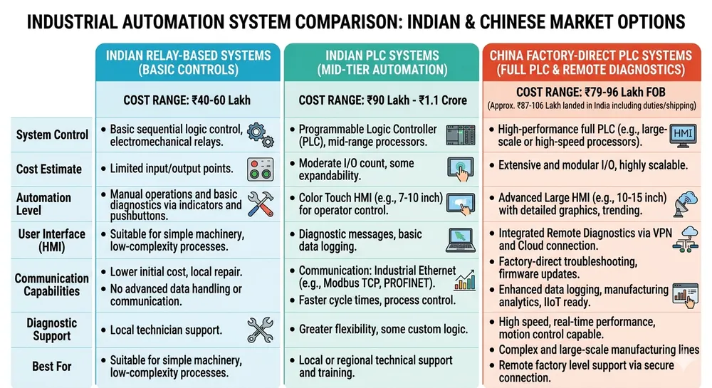 Cost comparison chart showing Indian relay-based, Indian PLC, and China factory-direct clay sand processing lines across automation tiers and landed cost