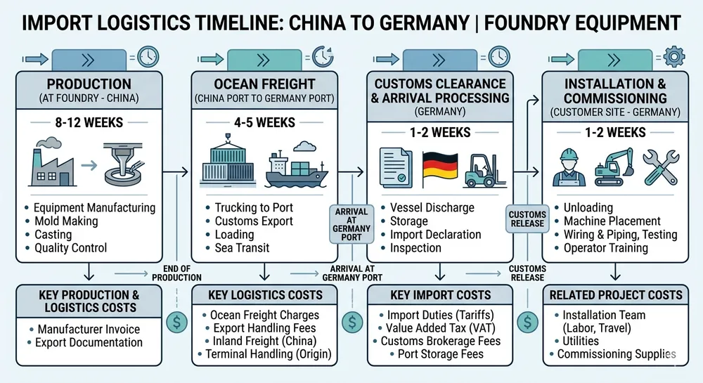 Import logistics flowchart showing timeline and cost components for clay sand processing line from China to Germany