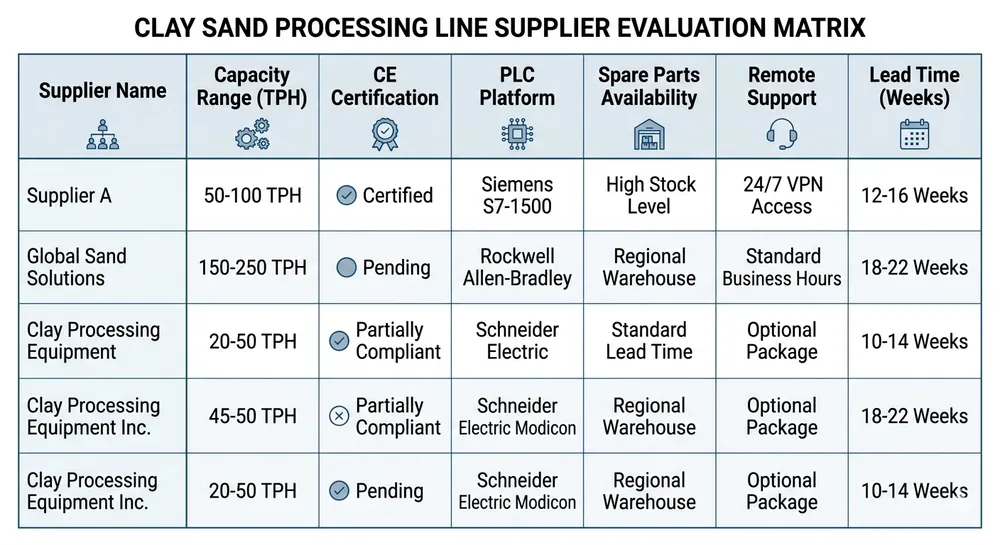 Evaluation criteria matrix for clay sand processing line suppliers showing capacity, certifications, lead time, and support factors