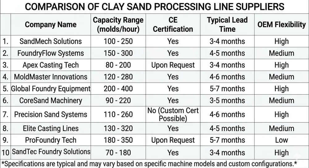 Comparison table of German clay sand processing line suppliers showing capacity ranges, CE certification status, and typical lead times