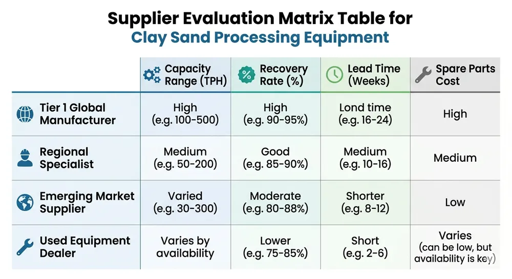 Clay sand processing line supplier evaluation matrix showing capacity, recovery rate, lead time, and spare parts cost comparison