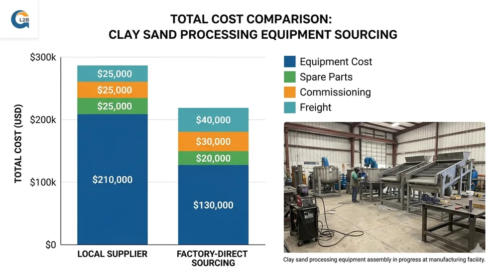 Local vs Factory-Direct Cost Breakdown Cost comparison chart showing local supplier vs factory-direct pricing for clay sand processing lines including equipment, spare parts, and commissioning