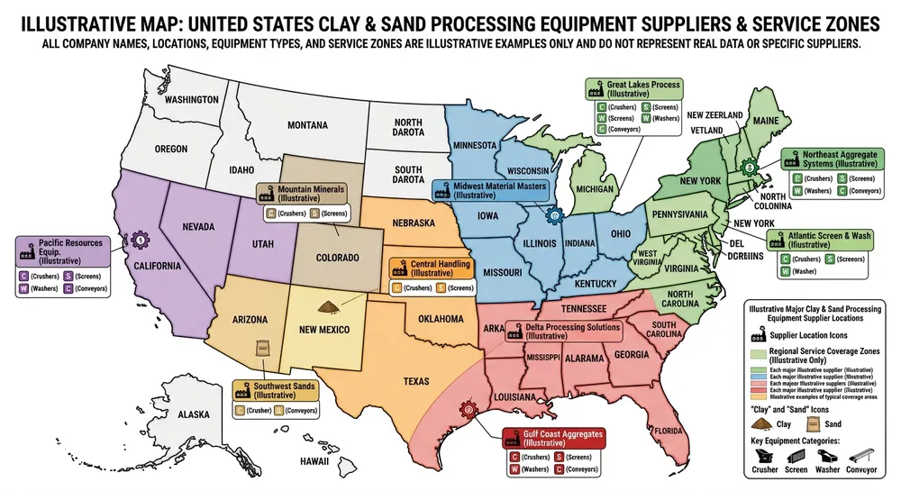 USA Clay Sand Supplier Geographic Distribution Geographic distribution map of clay sand processing line suppliers across USA showing regional service coverage