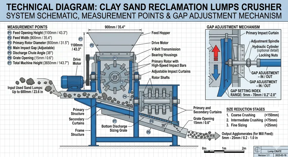 Clay sand reclamation crusher gap setting diagram showing lump size measurement and adjustment procedure