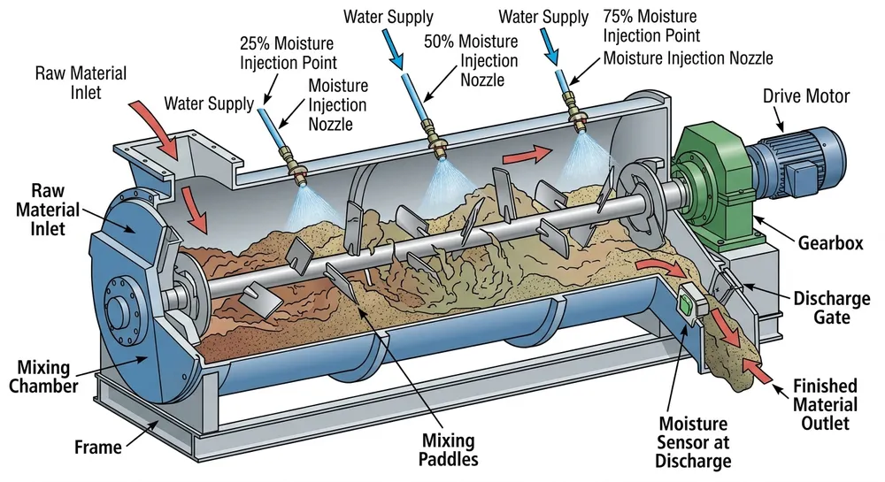 Clay sand mixer moisture injection system showing spray nozzle placement and control points