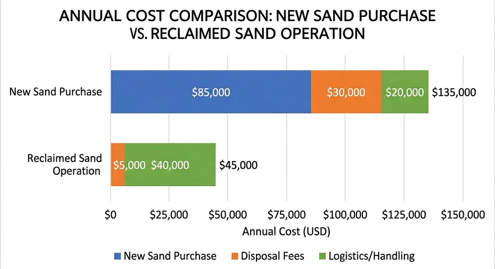 Clay sand reclamation cost savings breakdown showing new sand purchase, disposal fees, and logistics costs comparison