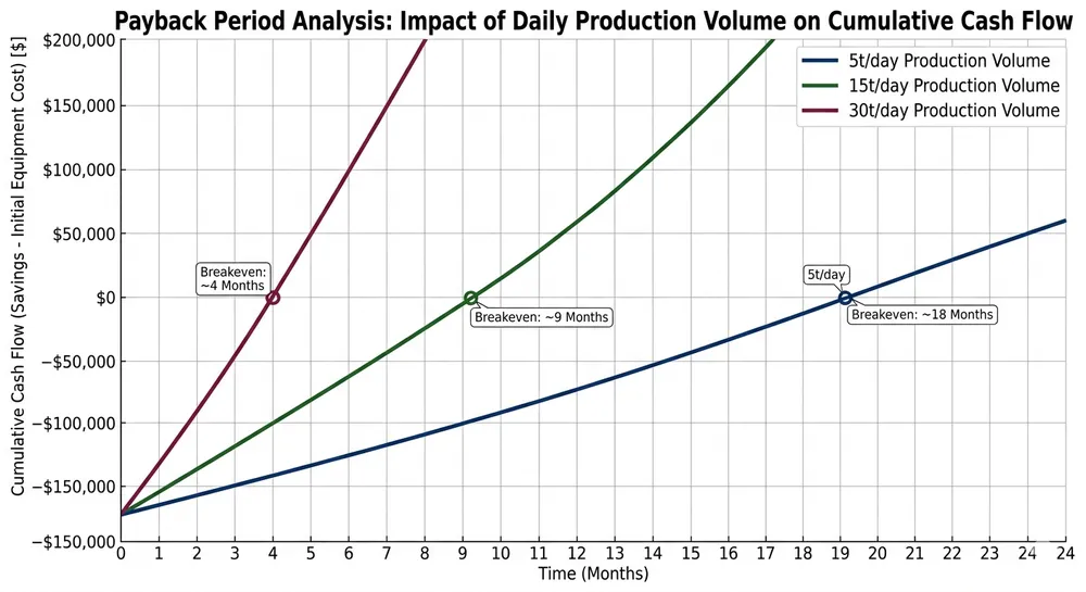 Clay sand reclamation line payback period comparison chart showing ROI timeline at 5, 15, and 30 tons per day production volumes