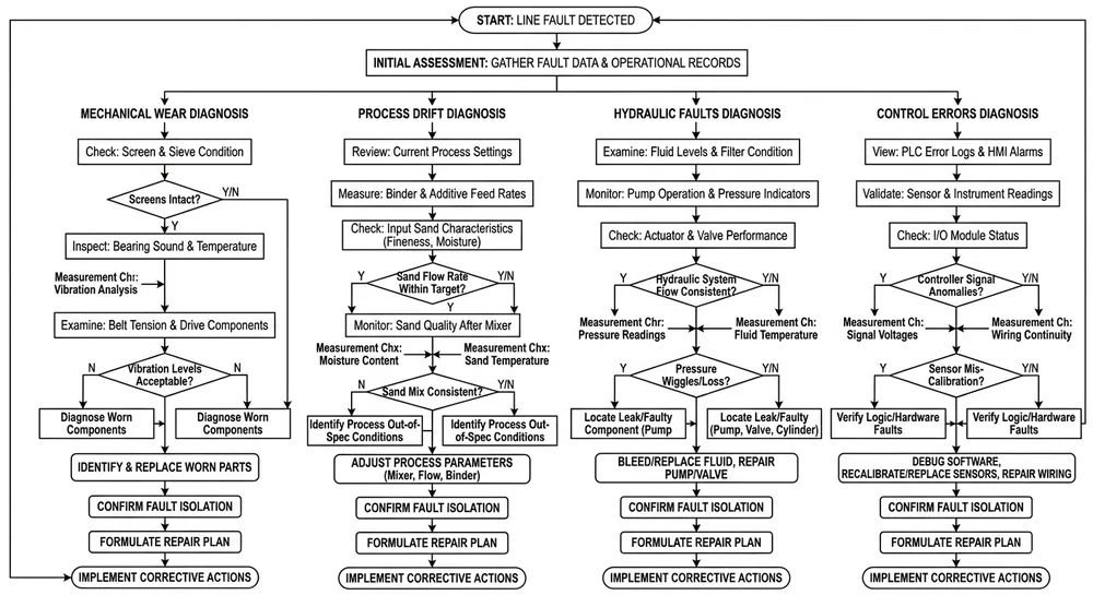 Clay sand regeneration line troubleshooting flowchart showing mechanical, process, hydraulic, and control system fault categories