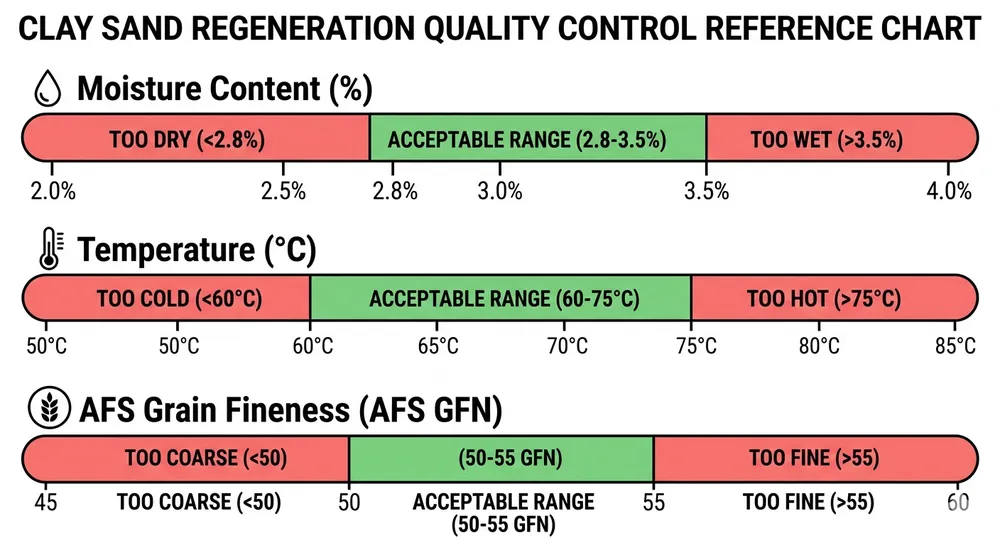 Reclaimed Sand Quality Control Parameters Clay sand regeneration line quality control parameters including moisture content, temperature, and AFS grain fineness target ranges