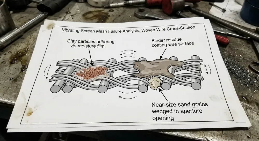 Diagram showing how moisture, clay fines, and near-size particles combine to cause vibrating screen mesh blinding in foundry applications