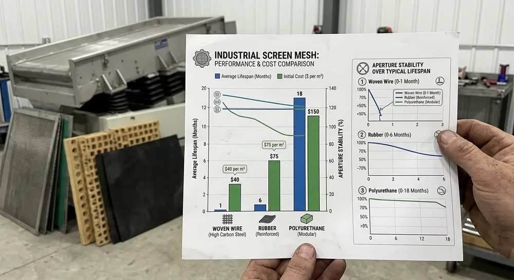 Screen Mesh Material Lifespan Comparison Wear life comparison chart for woven wire, polyurethane, and rubber vibrating screen mesh in clay sand foundry applications