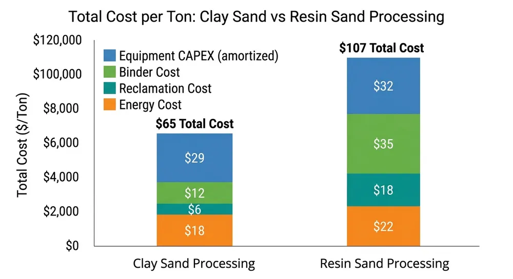 Clay sand vs resin sand total cost per ton comparison chart showing CAPEX, binder, reclamation, and energy costs