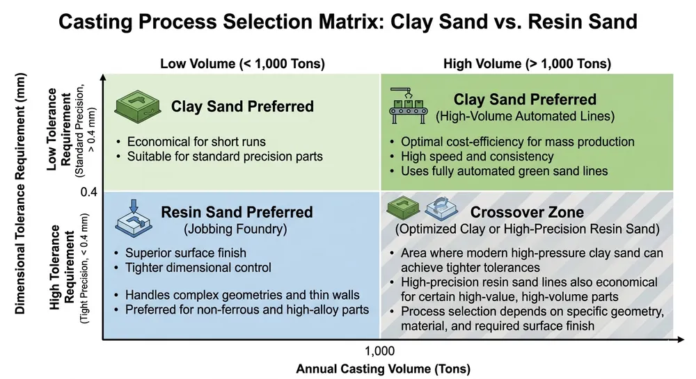 Clay Sand vs Resin Sand Selection Matrix Decision matrix for selecting clay sand vs resin sand processing line based on production volume and tolerance requirements