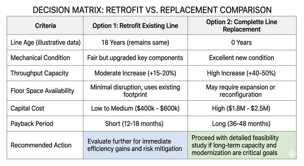 Retrofit vs. Replacement Decision Matrix Decision matrix comparing retrofit vs. replacement options for clay sand washing line water reduction projects