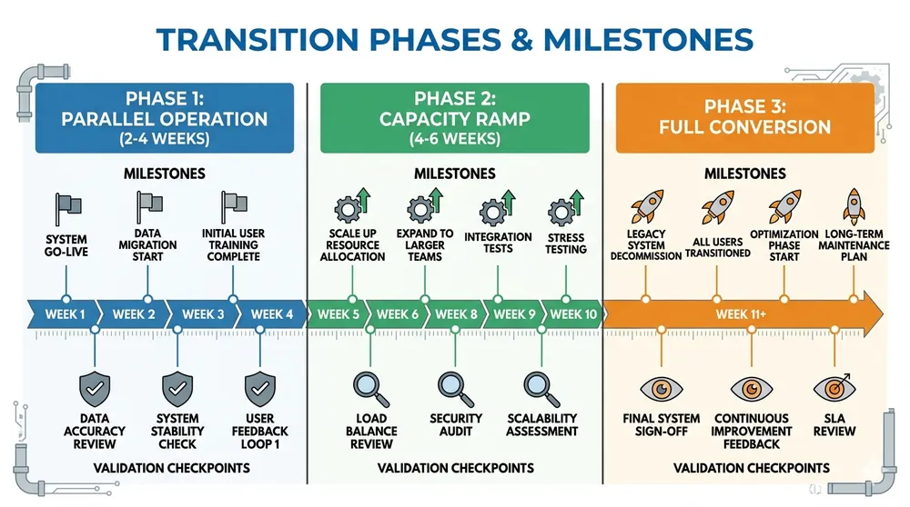 Phased Flask-to-Flaskless Transition Timeline Three-phase timeline for converting from flask molding to flaskless clay sand processing line