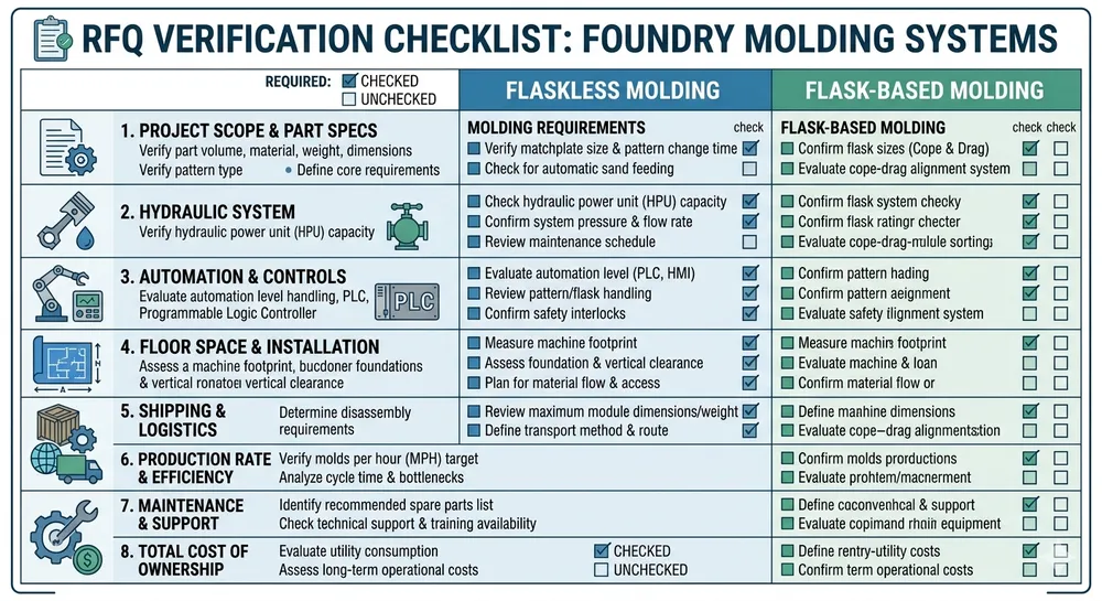 RFQ evaluation checklist for flaskless and flask-based clay sand molding line procurement