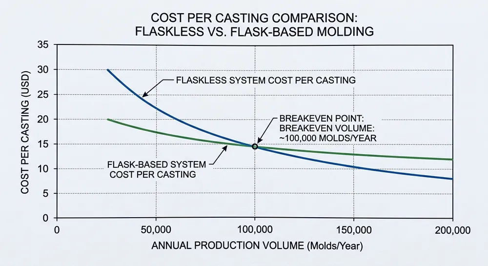 Per-casting cost comparison between flaskless and flask-based clay sand molding systems showing breakeven volume
