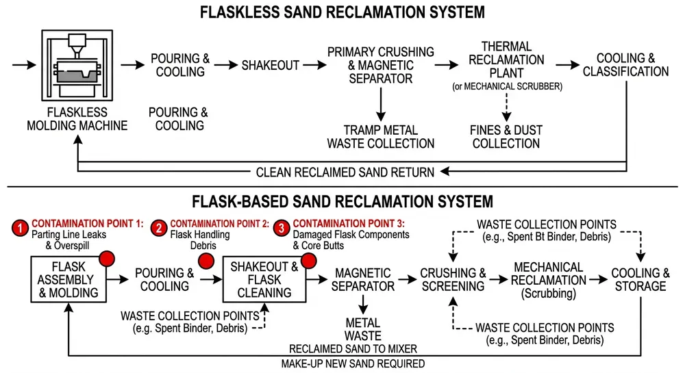Sand reclamation flow diagram comparing flaskless and flask-based clay sand processing systems