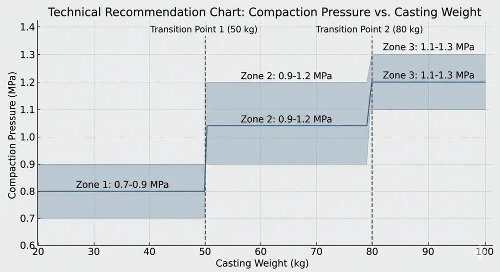 Compaction Pressure Guidelines by Casting Weight Chart showing recommended compaction pressure ranges for horizontal flaskless clay sand lines by casting weight class