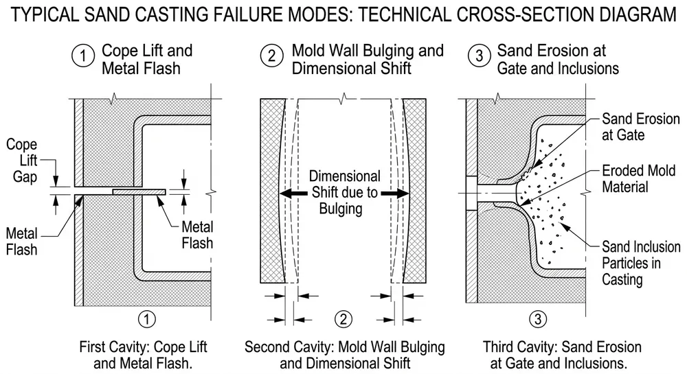 Diagram showing cope lift, mold wall bulging, and sand erosion failure modes in horizontal flaskless clay sand molds under heavy casting loads