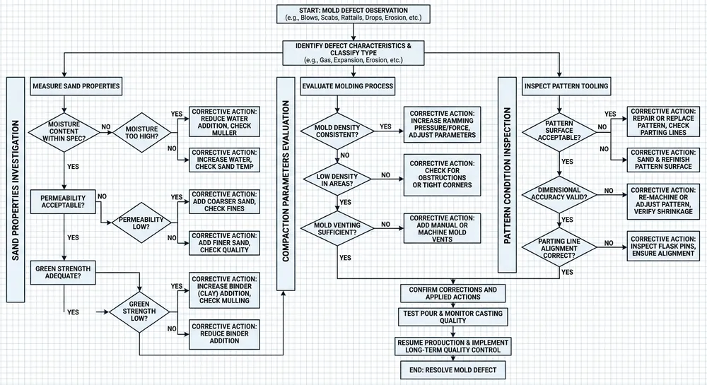Mold Stability Troubleshooting Decision Tree Troubleshooting flowchart for diagnosing and correcting mold stability problems in horizontal flaskless clay sand lines