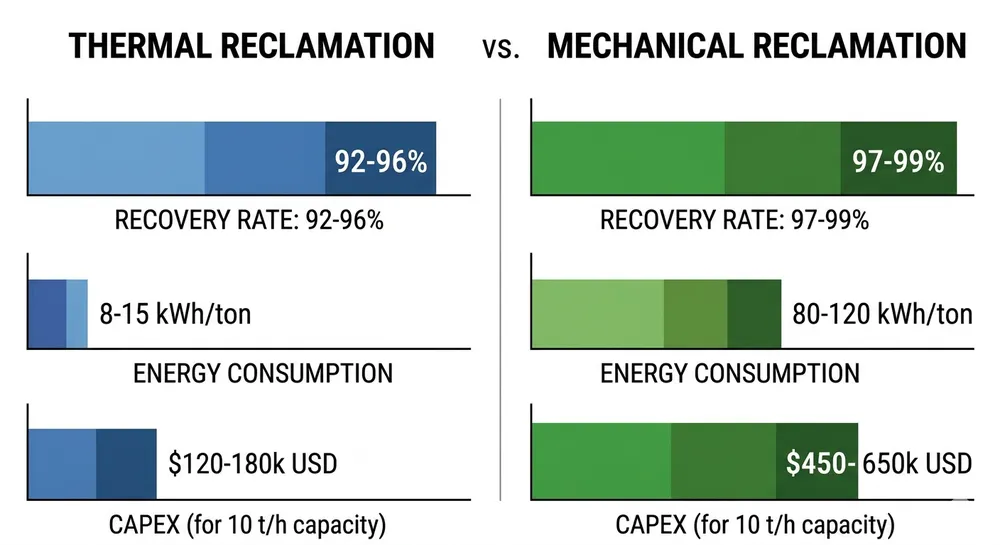 Side-by-side comparison chart of thermal and mechanical clay sand reclamation showing recovery rate, energy cost, and residual binder levels