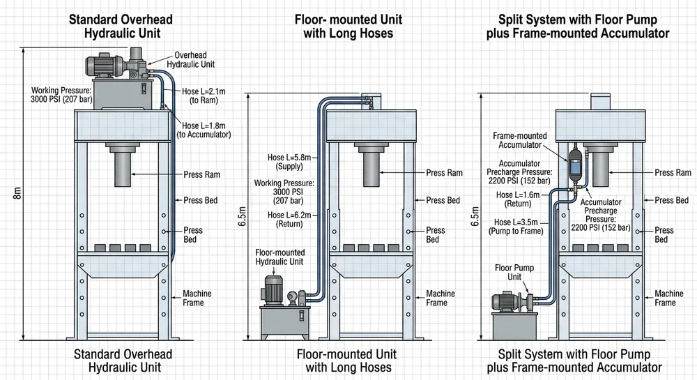 Comparison diagram showing standard overhead hydraulic unit vs floor-mounted unit vs split accumulator system for low-ceiling vertical flaskless lines