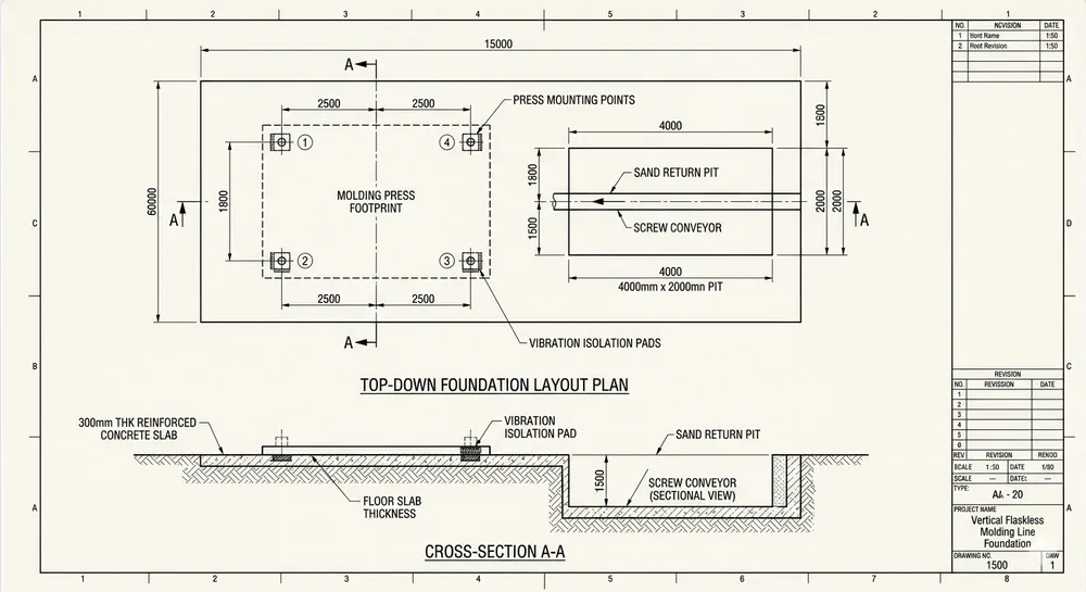 Vertical flaskless molding line foundation and pit layout showing press mounting points, sand return pit depth, and floor loading zones