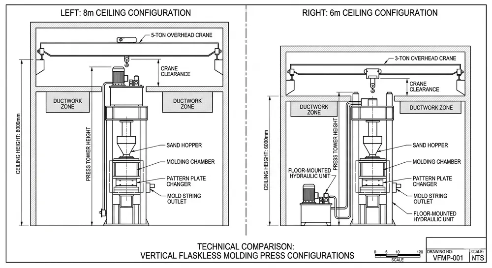 Vertical flaskless molding line ceiling height comparison showing 8m standard design versus 6m modified configuration