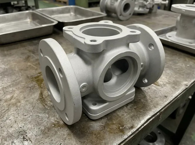Aluminum casting after shot blasting — valve body showing uniform matte surface finish with no distortion, ready for machining