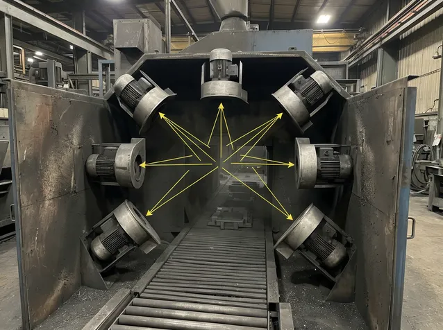 Blast wheel configuration showing multi-angle coverage pattern for clay sand casting surface preparation