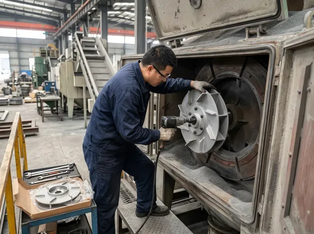 Blast wheel impeller replacement on a clay sand blasting line — bolt-on design allows 30-45 minute swap per wheel