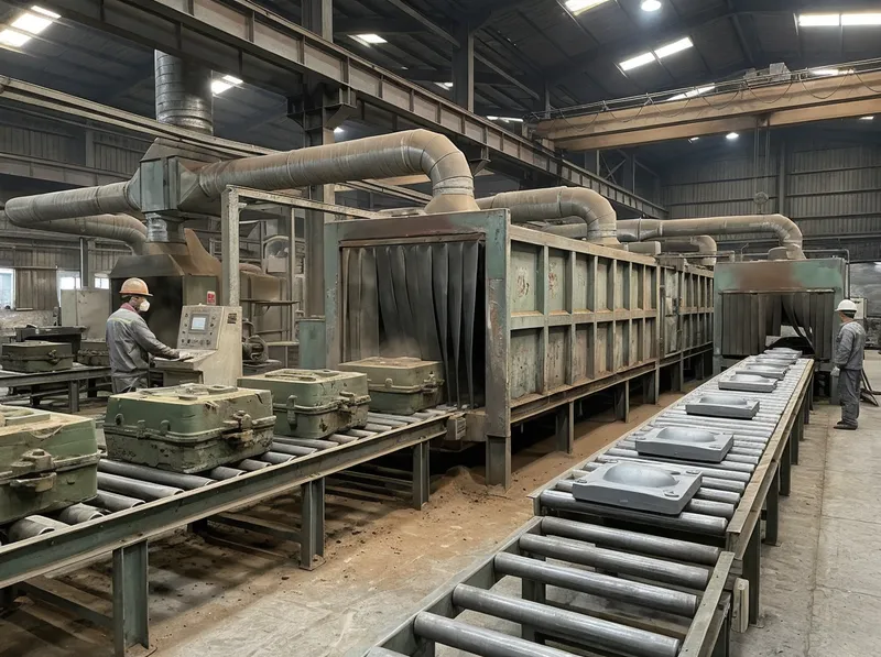 Clay sand blasting line integrated with foundry molding workflow — continuous conveyor configuration