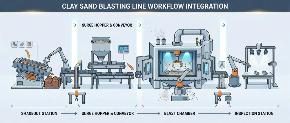 Clay sand blasting line workflow integration diagram showing shakeout to blasting to inspection transfer paths