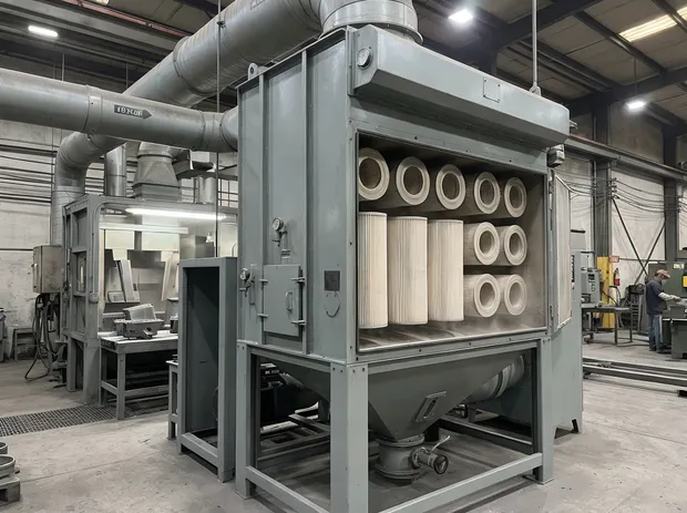 Cartridge-style dust collector with pleated filter media for clay sand blasting line