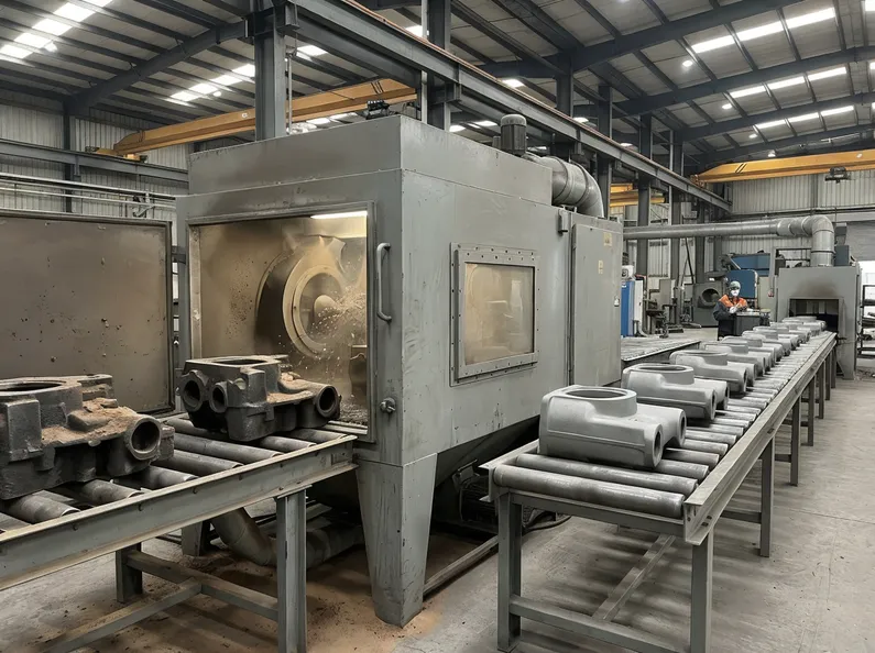 Clay sand blasting line — industrial shot blasting system for post-casting surface preparation in foundry workflow