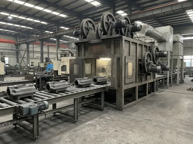 Continuous blast configuration showing roller conveyor feeding castings through a multi-wheel blast chamber with overhead and side-mounted wheels