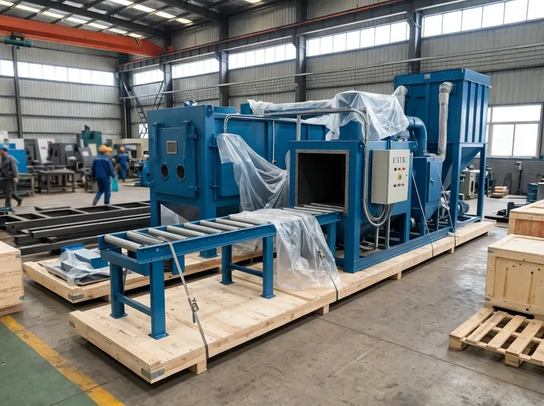 Custom-configured clay sand blasting system ready for export with modified motor voltage and chamber dimensions