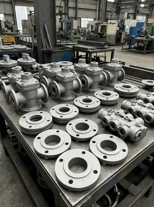 Ductile iron castings including valve bodies, pipe flanges, and hydraulic manifolds after shot blasting surface preparation