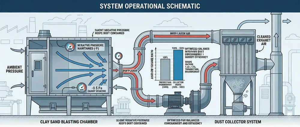 Dust collection system maintaining negative chamber pressure on a clay sand blasting line — airflow diagram showing collector sizing at 1.2-1.5x theoretical requirement