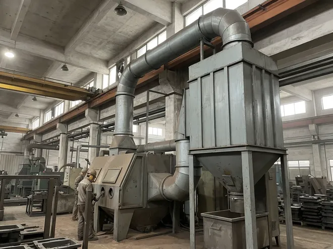 Industrial dust collection system integrated with a clay sand blasting line, showing cartridge filter housing and ductwork