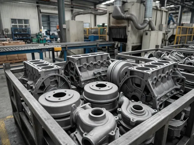 Gray iron automotive castings — engine blocks, brake drums, and pump housings after shot blasting surface preparation