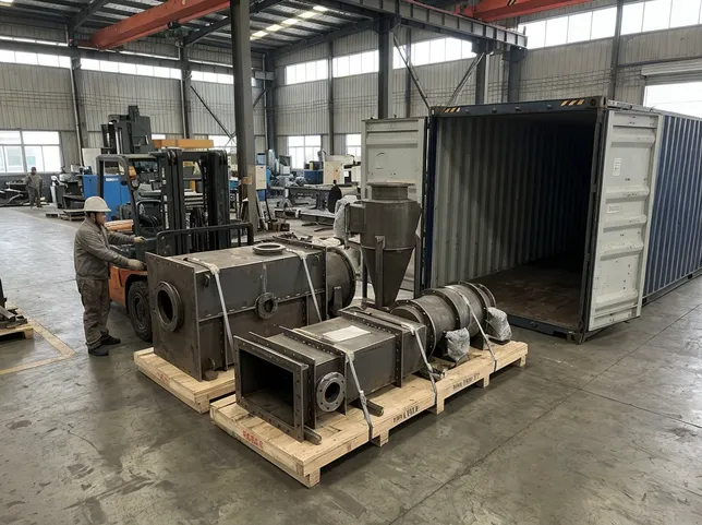 Modular blast system components packed for container shipping — blast chamber sections, dust collector, and abrasive reclaim unit