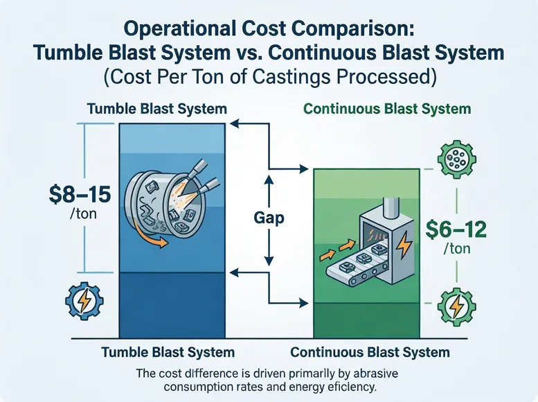 Operational cost comparison chart showing tumble blast system versus continuous blast system cost per ton of castings processed