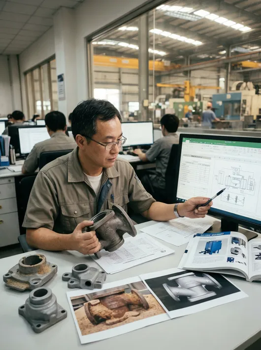 TZFoundry engineer reviewing casting samples and surface condition photos for blasting line quotation