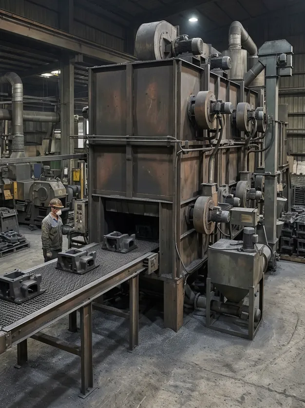 Shot blasting chamber with centrifugal blast wheels — steel media recycled in closed-loop system