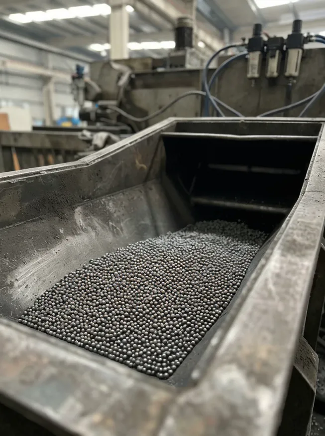 Steel shot abrasive media used in clay sand blasting line showing S230 size particles in reclaim hopper