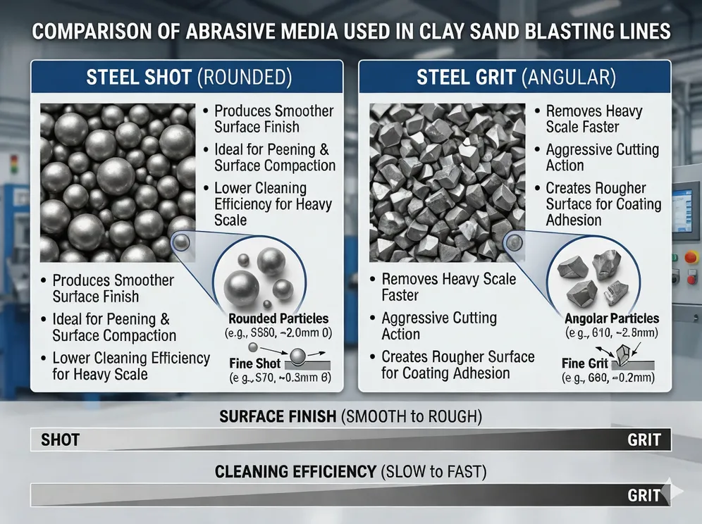 Steel shot (rounded) versus steel grit (angular) — visual comparison of abrasive media used in clay sand blasting lines
